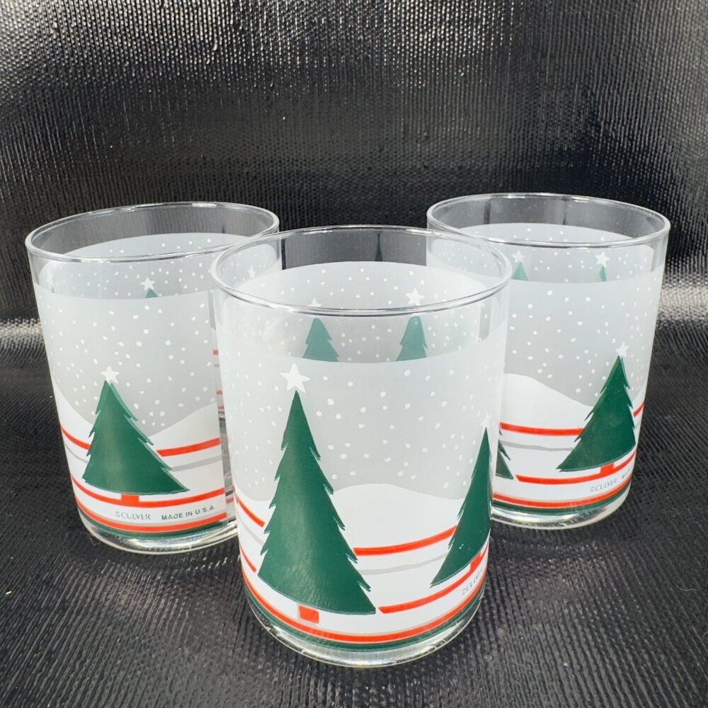 Vintage Culver Made In USA Glassware Cups Lowball Glasses‎ Tumblers Set 3 Trees